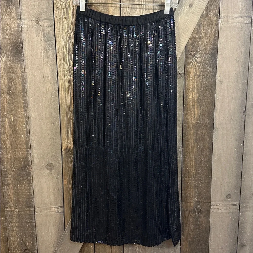 Vintage Black 100% Silk Iridescent Sequin Midi Skirt Holiday Evening Party